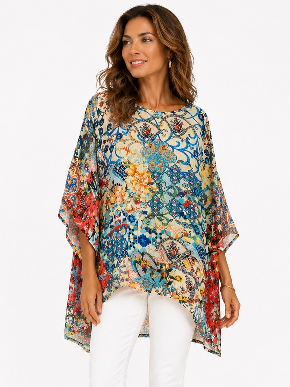 Shana Artsy Mosaic Poncho Top Floral Boho Flowy Oversized Festival Resort Small